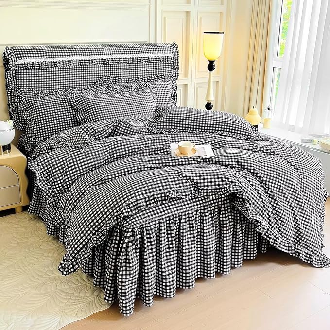 mixinni Vintage Black Gingham Ruffle Comforter Set 3-Piece Washed Cotton Twin XL Size Grid Bedding Set with Geometric Checkered Pattern, Farmhouse Chic Soft Fluffy Comforter for All-Season
