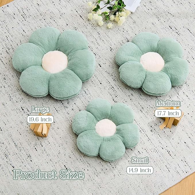 Flower Pillow Cute Decorative Throw Pillow with Faux Rabbit Fur Soft Daisy Plush Floor Cushion Aesthetic Flower Shaped Pillow Home Decor for Bed Sofa Couch (Sage Green17.7 Inch)