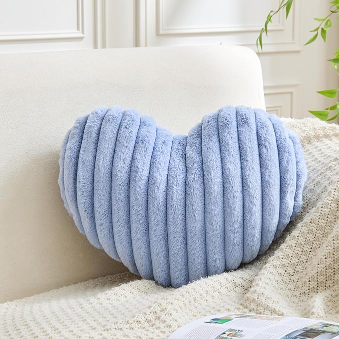 Heart Pillows Heart Decorative Pillow Soft Fluffy Heart Shaped Dusty Blue Throw Pillows with Faux Rabbit Fur Aesthetic Room Decor Cute Pillow for Valentines Mother's Day