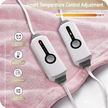 Electric Heated Blanket King Size 90"×100", Comfortable & Luxurious Flannel, 4 Heating Levels & 10 H Auto Shut Off, Light Pink