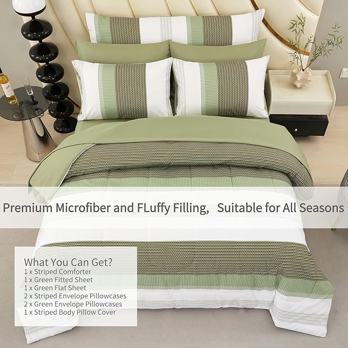 RYNGHIPY Olive Green Striped Bed Sets: 8 Pieces Soft Lightweight Bed in A Bag Full Size Microfiber Down Alternative Comforter Sets with Corner Loops (Full,Olive Green)