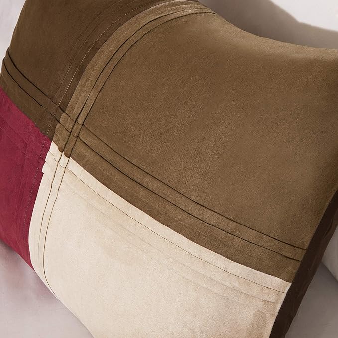 Madison Park Cozy Comforter Set Casual Blocks Design All Season, Matching Bed Skirt, Decorative Pillows, Queen(90"x90"), Red Brown, 7 Piece