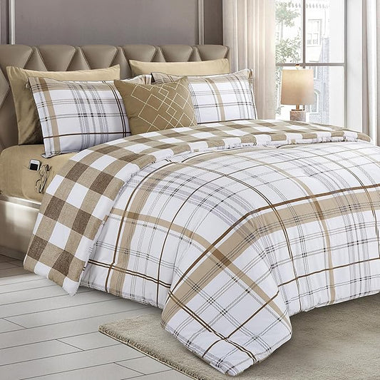 Elegant Comfort 8-Piece Lodge Plaid Reversible Comforter Set - All Season Bed in a Bag, 4-Piece Sheet Set Featuring Smart Pockets, Matching Shams and Decorative Pillow, Twin/Twin XL, Taupe