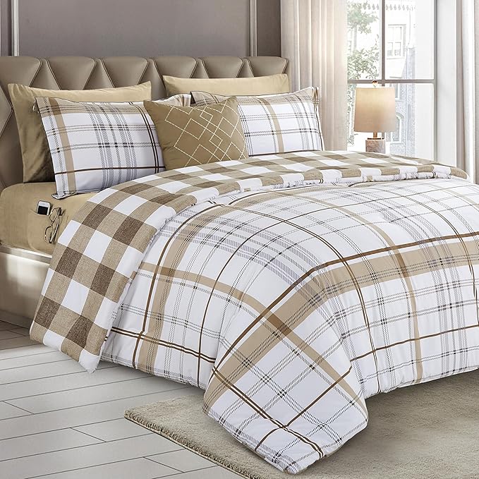 Elegant Comfort 8-Piece Lodge Plaid Reversible Comforter Set - All Season Bed in a Bag, 4-Piece Sheet Set Featuring Smart Pockets, Matching Shams and Decorative Pillow, King/California King, Taupe
