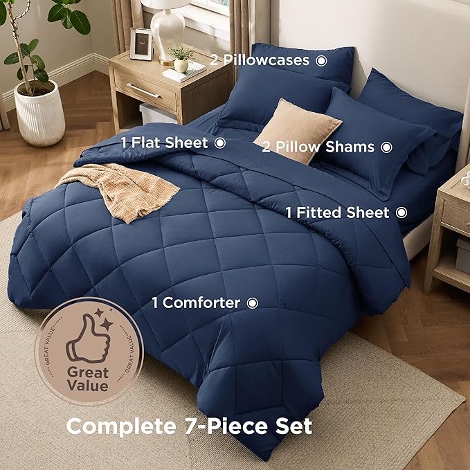 Bedsure 5 Pieces Twin Comforter Set Premium Series, Hotel Luxury Soft Bed in a Bag, Goose Down Alternative, Safe for Sensitive Skin Bedding Comforter All Season Medium Warmth, Navy Blue Twin Size
