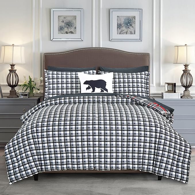 Elegant Comfort 8-Piece Lodge Plaid Reversible Comforter Set - All Season Bed in a Bag, 4-Piece Sheet Set Featuring Smart Pockets, Matching Shams and Decorative Pillow, King/California King, Gray