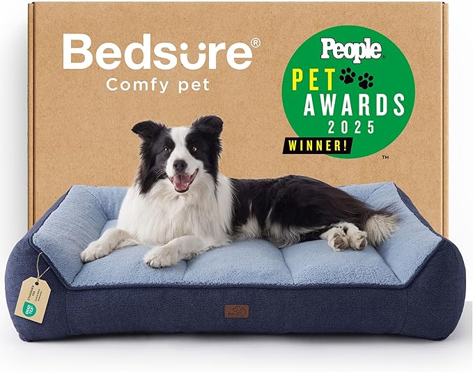 Bedsure SupportMax Orthopedic Dog Beds Large Sized Dog - Extra Thick Supportive Large Dogs Bed with Waterproof Washable Cover, L Plus Comfort Pet Sofa with Soft Sherpa and Nonskid Bottom, Blue, 38"
