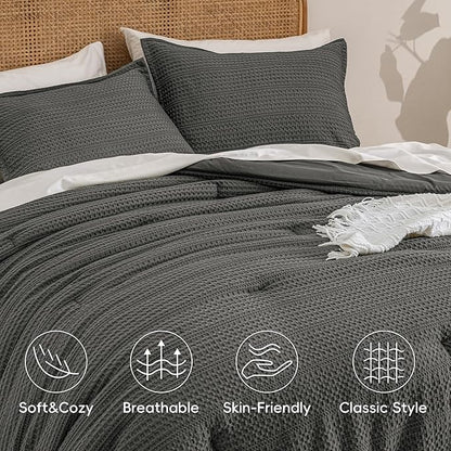 PHF Soft Waffle Comforter Set King Size- Comfy Breathable Waffle Weave Comforter with 2 Pillow Shams, 3 Pieces Less Snagging Lightweight Textured Bedding Set for All Season, Grey