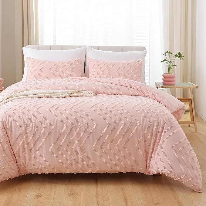 YIRDDEO Pink Twin Size Comforter Set 2Pcs, Boho Farmhouse Blush Twin Size Bedding Set, Vertical Tufted Twin Bed Set, Lightweight Neutral Twin Bedroom Set (1 Comforter 1 Pillowcase)