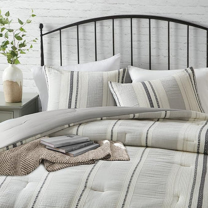 Hyde Lane Neutral Farmhouse Bedding Set, 3 Pieces Full/Queen Size Grey Comforter Sets, Cotton Top with Modern Rustic Style Stripes Including 1 Comforter 2 Pillowcases
