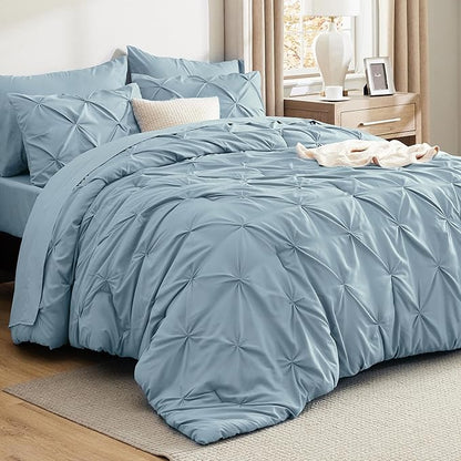 Bedsure Queen Comforter Set Light Blue - Bed in a Bag Queen Size Bedding 7 Pieces, GentleSoft™ Pintuck Bed Set Gift for Family, Pinch Pleat All Season Comforter with Sheets, Pillowcases & Shams