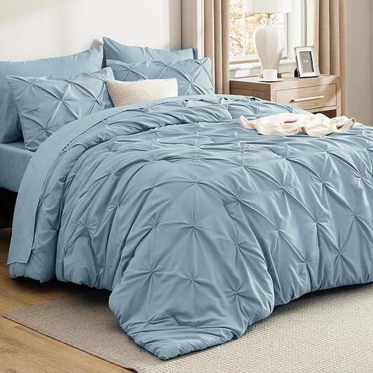 Bedsure Queen Comforter Set Light Blue - Bed in a Bag Queen Size Bedding 7 Pieces, GentleSoft™ Pintuck Bed Set Gift for Family, Pinch Pleat All Season Comforter with Sheets, Pillowcases & Shams