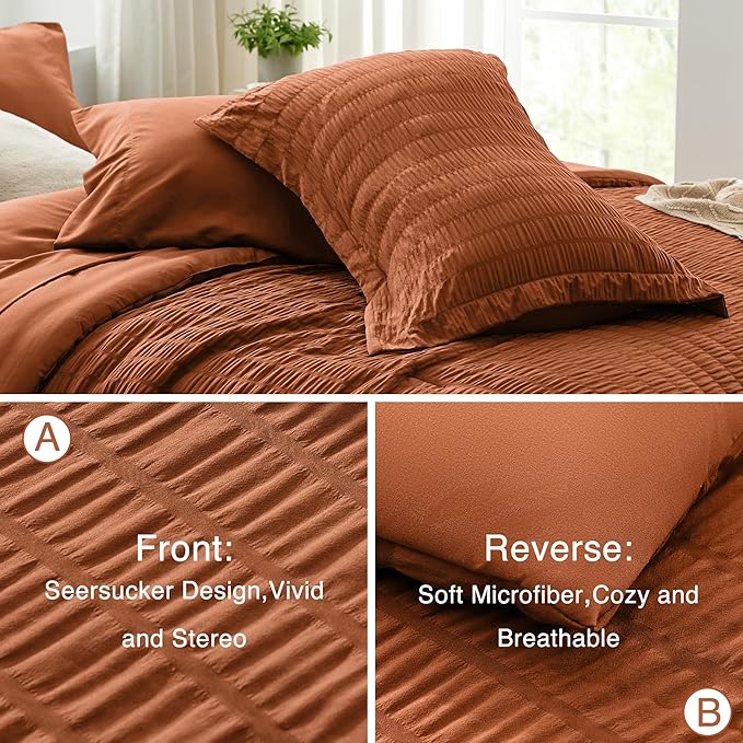 Love's cabin Seersucker Terracotta Full Comforter Set, 7-Piece All Season Lightweight Bed in a Bag Bedding Set with Comforter, Flat Sheet, Fitted Sheet, Pillowcases and Shams | Soft, Breathable, Lightweight