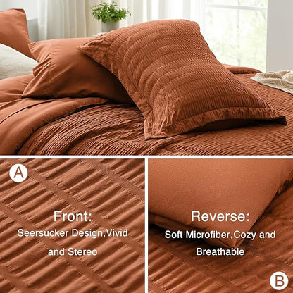Love's cabin Seersucker Terracotta Twin Comforter Set, 5-Piece All Season Lightweight Bed in a Bag Bedding Set with Comforter, Flat Sheet, Fitted Sheet, Pillowcase and Sham | Soft, Breathable, Lightweight