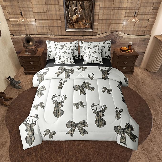 Erosebridal Camouflage Comforter Set Deer Bow Bed in A Bag Queen Size 7 Pieces Hunting Ribbon Army Bowknot Camo Rustic Bed Set Brown Beige Bedding