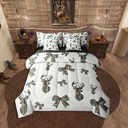 Erosebridal Camouflage Comforter Set Deer Bow Bed in A Bag Queen Size 7 Pieces Hunting Ribbon Army Bowknot Camo Rustic Bed Set Brown Beige Bedding