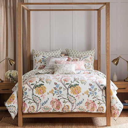 Levtex Home - Maileen Dusty Rose Quilt Set - King Quilt and Two King Shams - Floral - Dusty Rose Ochre Blue Green Brown Off-White - Quilt (106x92in.) and Shams (20x36in.) - Reversible - Cotton