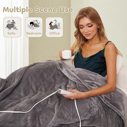 Electric Heated Blanket Throw Size 50"×60", Breathable & Luxurious Flannel, Soft Warm Gift with Over-Heat Protection, 4 Heating Levels & 3 H Auto Shut Off, Machine Washable, Light Grey