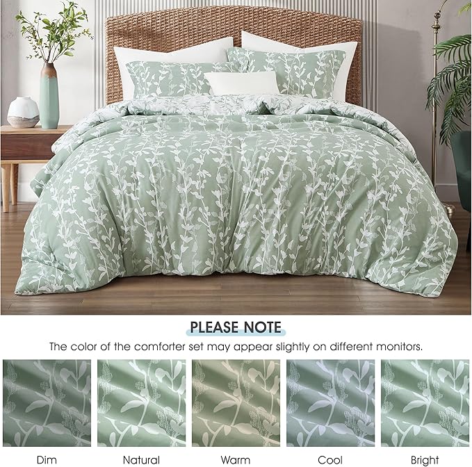 Sage Green Comforter Set, Queen Size, Vivid Leaves Branch 3 Pieces Bedding Set, Soft Polyester Microfiber Print, All Seasons, 1 Lightweight Comforter and 2 Pillow Shams
