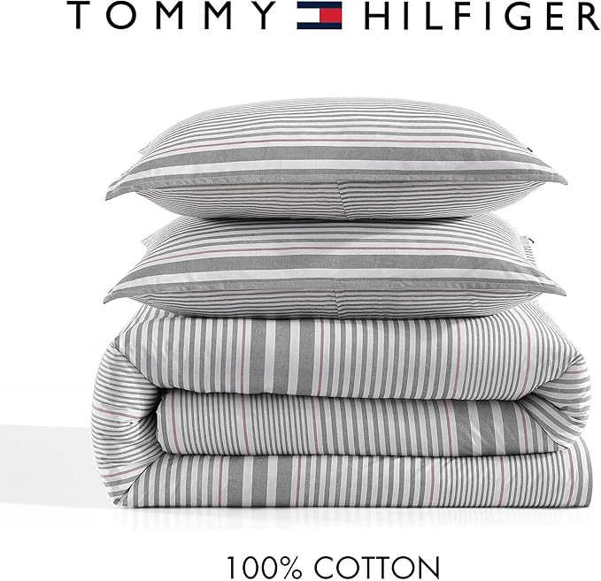 Tommy Hilfiger - King Comforter Set, Cotton Textured Bedding with Matching Shams, Medium Weight Bed Set, Oeko-TEX Certified (Danbury Stripe Blue)