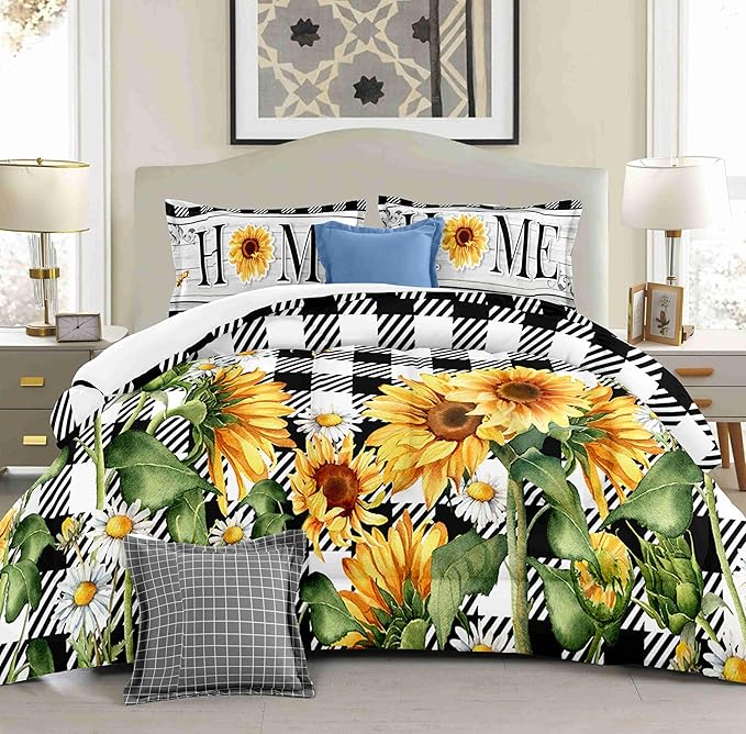 Spring Sunflower Comforter Set Queen Size Black and White Buffalo Plaid Printed Quilt Bedding Set with 1 Comforter and 2 Pillow Covers for Bedroom Dormroom All Season
