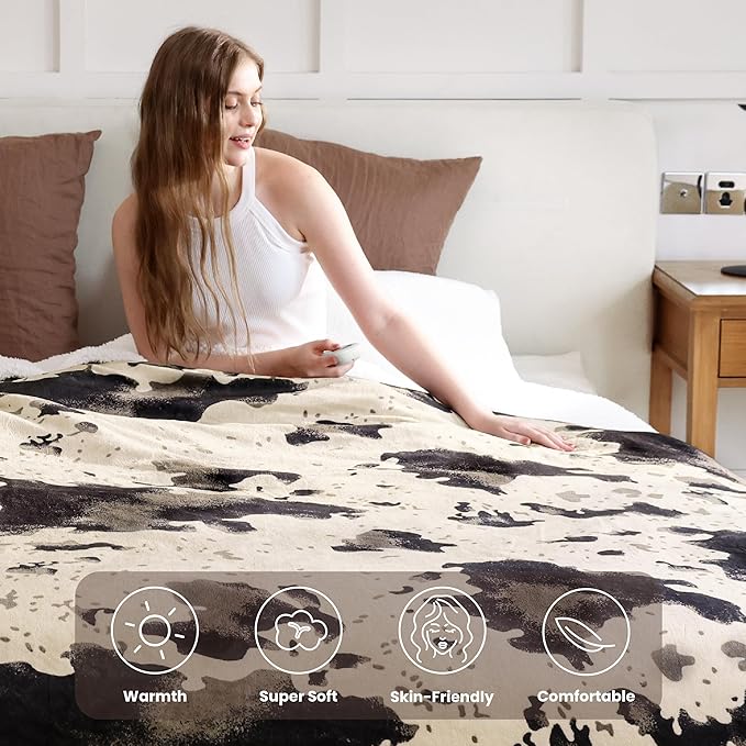 Cow Print Heated Electric Blanket King Size-Dual Control Heating Blanket King Size with 10 Heat Levels & 10 Hours Auto-Off, Cozy Soft Fleece Sherpa, Washable, 90x100 Inche Light Brown