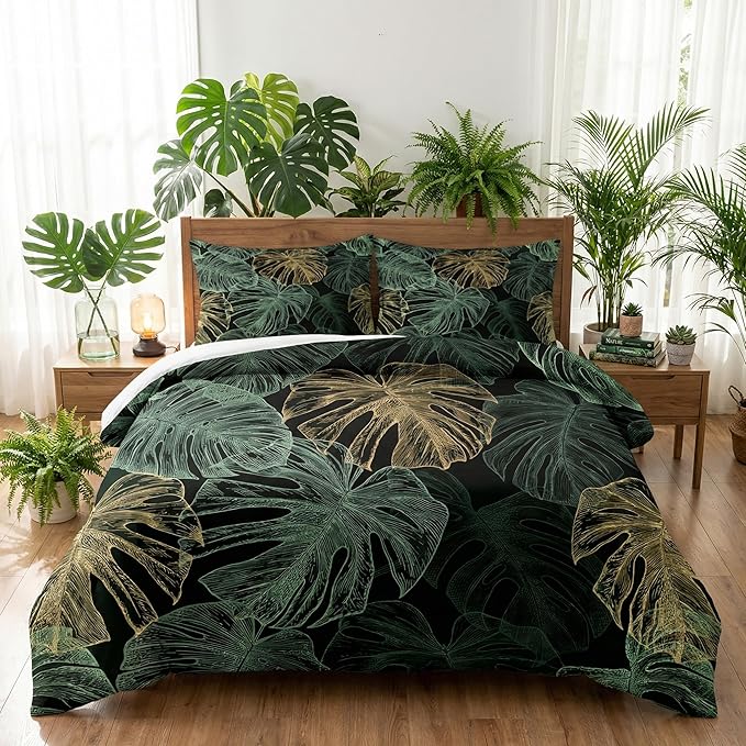 Twin Size Comforter Set with Pillowcase, Green Tropical Leaves 2 Pcs Bedding for Kids and Adults, Monstera Palm Leaf Soft Comforter Set for Bedroom Bed Decor