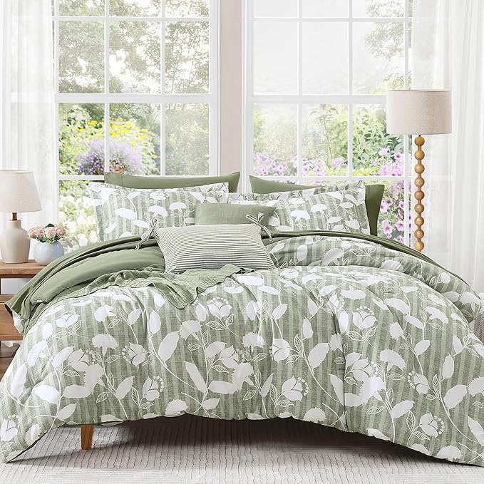 Queen Comforter Set -7 Pieces Sage Green Floral Comforter Set for All Seasons, Bed in a Bag Queen with Botanical Flowers Comforter, Sheets, Pillowcases & Shams