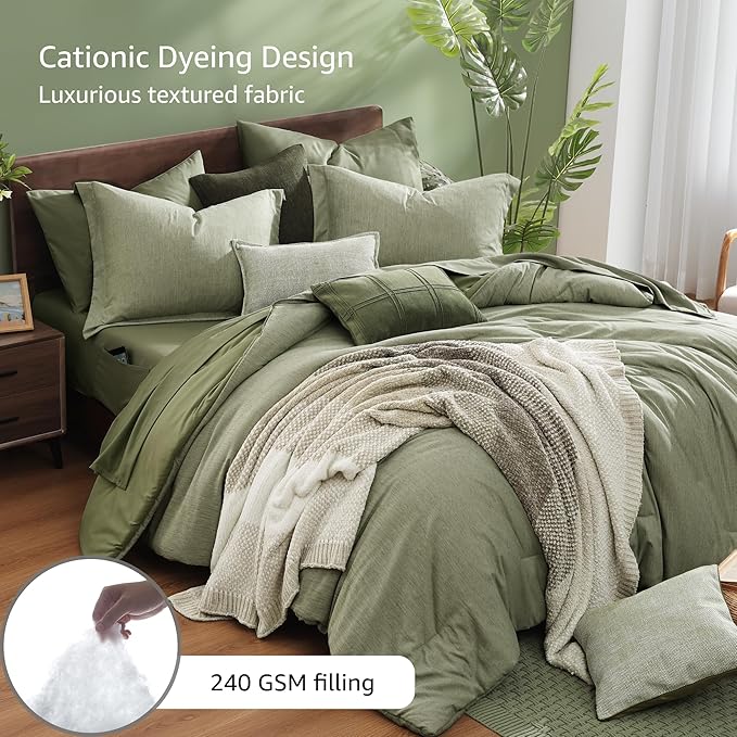 Monbix California King Comforter Set - 7 Pieces Cationic Dyeing Sage Green Bed in a Bag Cal King Bed Sets with Comforter, Sheets, Pillowcases & Shams, Reversible Bedding Comforters Sets