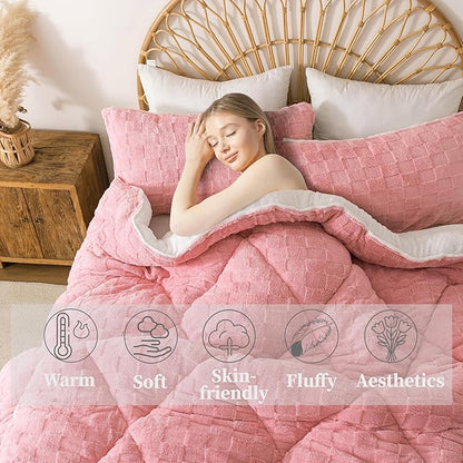 ELNIDO QUEEN® Fluffy Comforter Set King, Pink Winter Fleece Comforter Ultra Soft & Extra Pluffy Plush Comforter Set, Cozy Fuzzy Bed Comforter 3 Pieces (1Comforter, 2 Pillowcases),102x90 inch