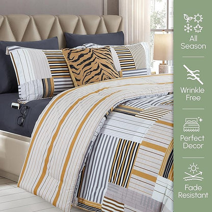 Elegant Comfort 8-Piece Animal Print Patch Reversible Comforter Set - All Season Bed in a Bag, 4-Piece Sheet Set Featuring Smart Pockets, Matching Shams and Decorative Pillow, Twin/Twin XL, Gold