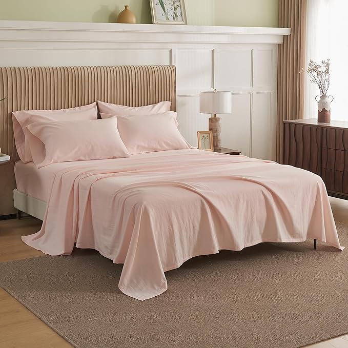 Simple&Opulence Belgian Linen Sheet Set Solid Color - 6 Pieces (1 Flat Sheet & 1 Fitted Sheet & 4 Pillowcases) 16" Deep Pocket Natural Flax Cotton Blended Soft Bedding - Pale Pink, King Size