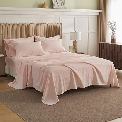 Simple&Opulence Belgian Linen Sheet Set Solid Color - 6 Pieces (1 Flat Sheet & 1 Fitted Sheet & 4 Pillowcases) 16" Deep Pocket Natural Flax Cotton Blended Soft Bedding - Pale Pink, King Size