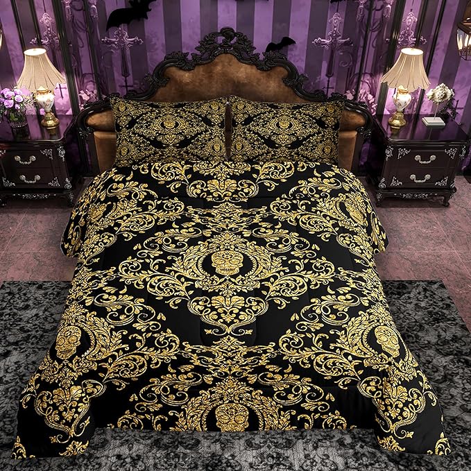 Feelyou Adults Golden Vintage Damask Floral Comforter Set Oriental Antique Comforter Queen Size Gothic Bohemia Boho Bedding Set Exotic Sugar Skull Duvet Set Quilt Set 3Pcs