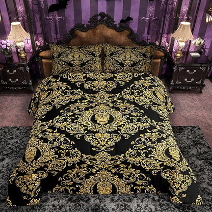 Feelyou Adults Golden Vintage Damask Floral Comforter Set Oriental Antique Comforter Queen Size Gothic Bohemia Boho Bedding Set Exotic Sugar Skull Duvet Set Quilt Set 3Pcs