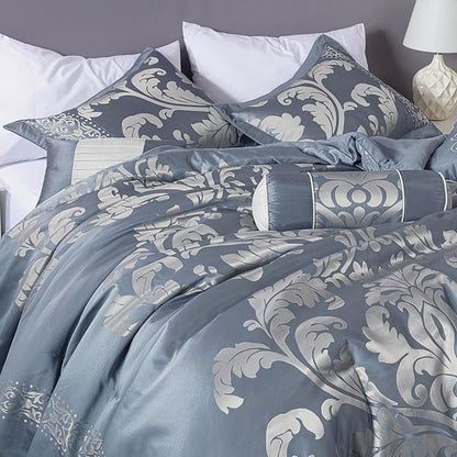 Chezmoi Collection Royale 7-Piece Jacquard Floral Comforter Set, King, Grayish Blue/Gray