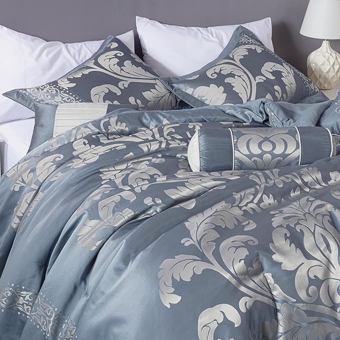 Chezmoi Collection Royale 7-Piece Jacquard Floral Comforter Set, California King, Grayish Blue/Gray
