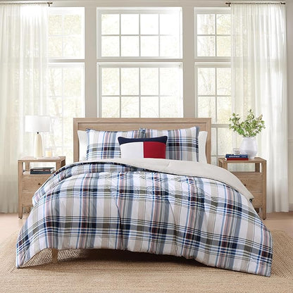 Tommy Hilfiger - Twin/Twin XL Comforter Set, Cotton Textured Bedding with Matching Sham, Medium Weight Bed Set, Oeko-TEX Certified (Waterbury Plaid Blue)