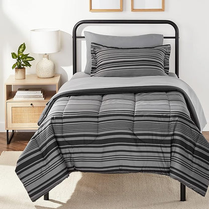 Amazon Basics 5-Piece Lightweight Microfiber Comforter Set with Sheets, Bed-in-a-Bag, Gray Calvin Striped Bedding, Twin/Twin XL