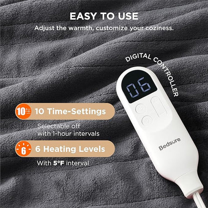 Bedsure Electric Blanket Full Size - Soft Flannel Heated Blanket, Fast Heating with 10 Time Settings & 6 Heat Settings, Warm Gift for Grandma (72x84 inches, Dark Grey)