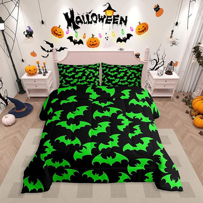 Erosebridal Green Bat King Bedding Set Halloween Bat Comforter Set Spooky Goth Gothic Animal Bed Collections Horror Halloween Duvet Quilt Sets for Kids Teens Adults