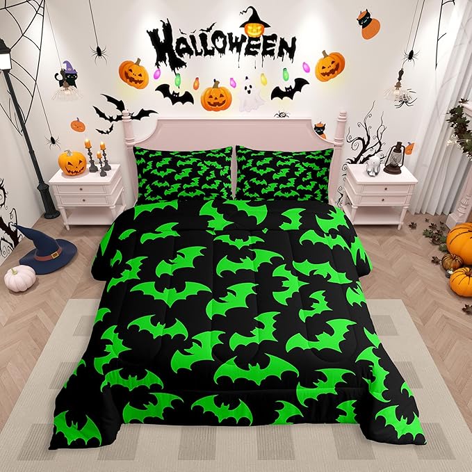 Erosebridal Green Bat Toddler Comforter Halloween Bat Bedding Set Spooky Goth Gothic Animal Duvet Insert Horror Halloween Bed Sets for Kids Teens Adults