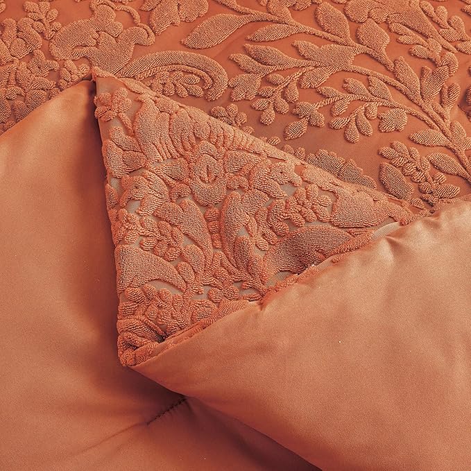 Sunshine Nicole Velvet Jacquard Comforter Set, Velvet Jacquard Face and Brushed Solid Microfiber Reverse, with Light Weight Soft Poly Fill, 3 Pieces Terracotta, King