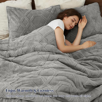 PHF Warm Sherpa Fleece Twin Comforter Set, 3D Tufted Fluffy Grey Bedding for Winter, Soft 2 Pieces Shaggy Bed Set, 1 Comforter (68"x90") and 1 Pillowcase (20"x26")
