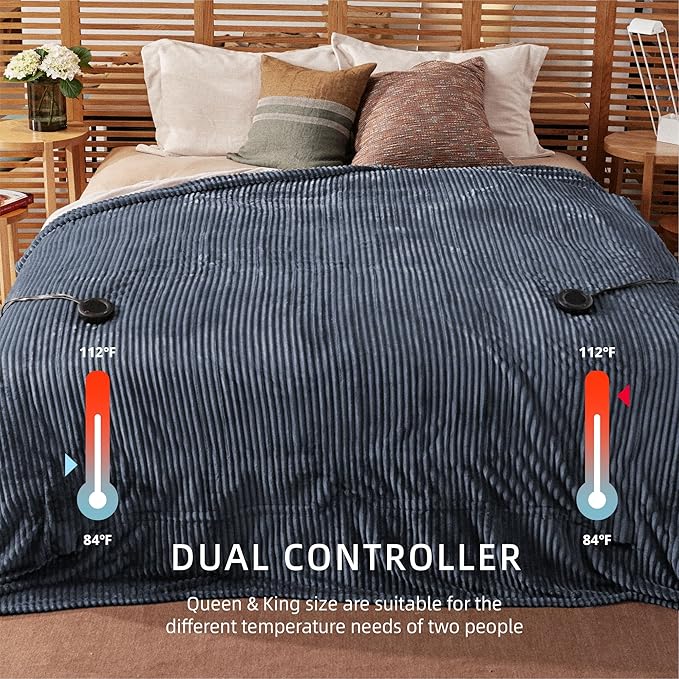 Heated Blanket Queen Size 84"x90",ETL Certification-10 Heating Levels Electric Blanket&1-10 Hour Auto Off,Heating Blanket with Dual Controller(Dark Blue)