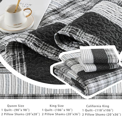 Homzard California King Comforter Set - 100% Cotton Bedding Comforter Set,Black Plaid Striped Oversized King Quilt, Black White Grey Farmhouse Bedspread (118 * 106 Inch) with 2 Pillow Shams,3 Pieces | Breathable, Lightweight, Reversible, All Season