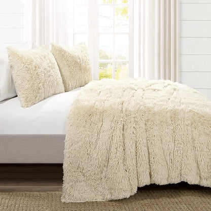 Lush Decor Emma Faux Fur Comforter King Size 3 Piece Set Wheat - Beige Bedding Set King Comforters - Fluffy Comforter - Modern Decor