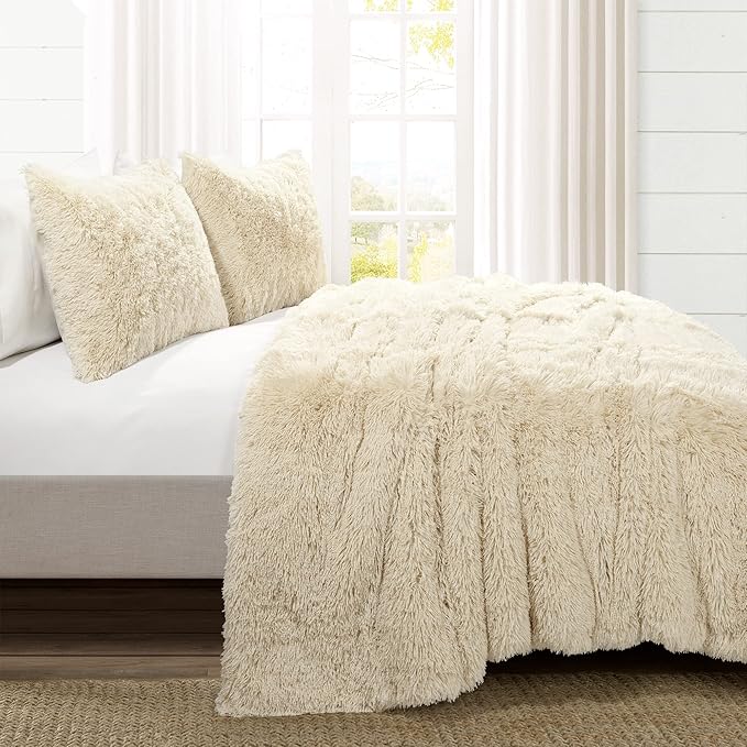 Lush Decor Emma Faux Fur Comforter Queen Size 3 Piece Set Full/Queen Wheat - Beige Bedding Set Queen Comforters - Fluffy Comforter - Modern Decor