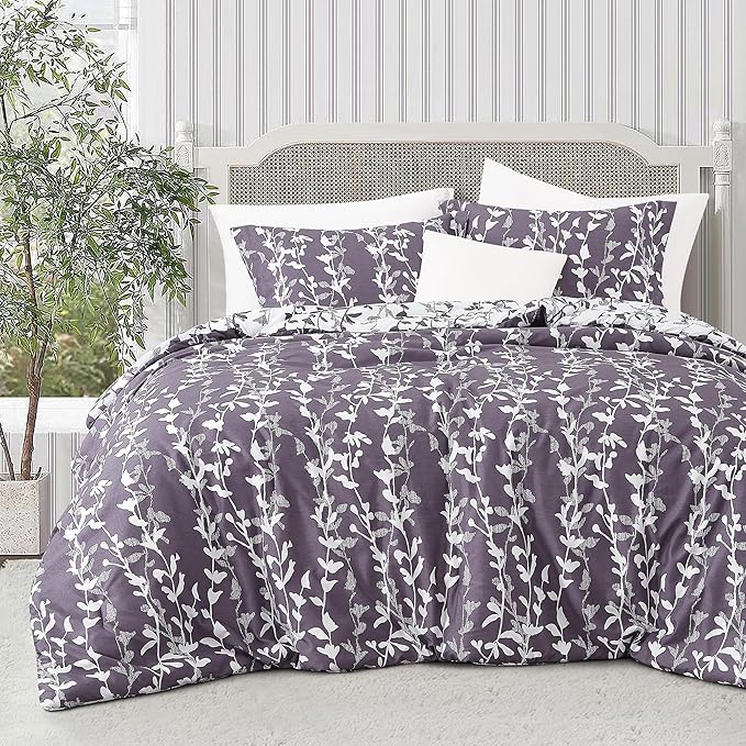 Grayish Purple Comforter Set, Queen Size, Vivid Leaves Branch 3 Pieces Bedding Set, Soft Polyester Microfiber Print, All Seasons, 1 Lightweight Comforter and 2 Pillow Shams