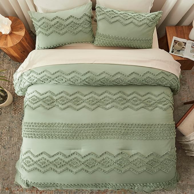 Luxudecor Sage Green Tufted Comforter Set King Size 3 Pieces Boho Shabby Chic Comforter Farmhouse Embroidery Bedding Set Soft Comforter for All Seasons (Sage Green, 104''x90'')